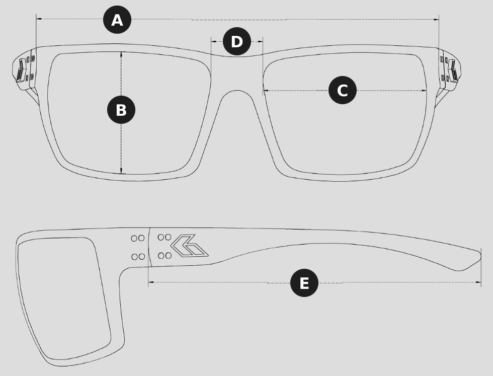 Diagram ukuran frame Marauder: A lebar frame, B tinggi lensa, C lebar lensa, D lebar bridge, E panjang temple