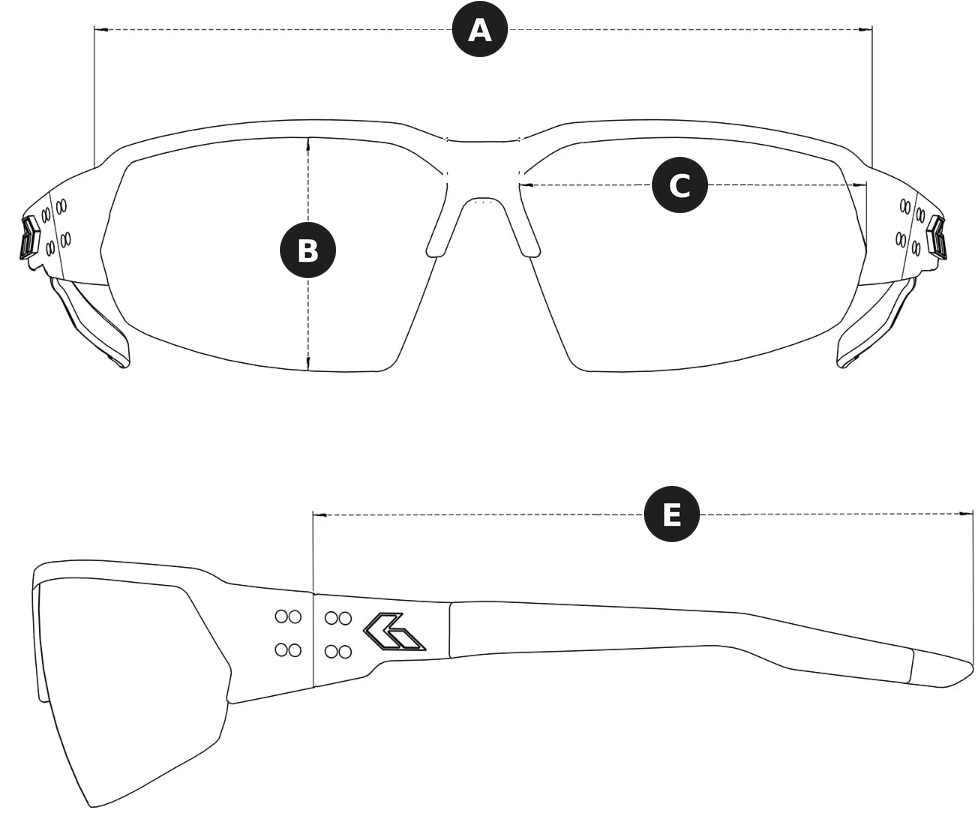 Tactis frame size diagram: A frame width, B lens height, C lens width, E temple length