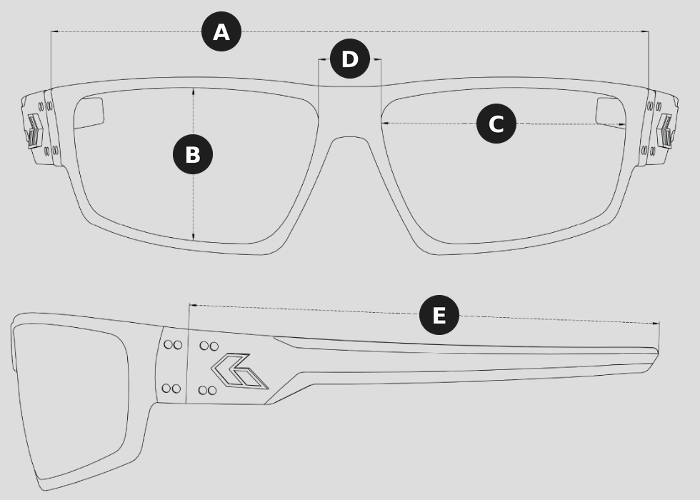 Diagram ng sukat ng Warhawk frame: A lapad ng frame, B taas ng lens, C lapad ng lens, D lapad ng bridge, E haba ng temple