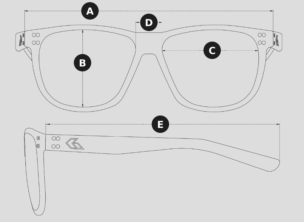 Diagram ukuran frame Wraith: A lebar frame, B tinggi lensa, C lebar lensa, D lebar bridge, E panjang temple